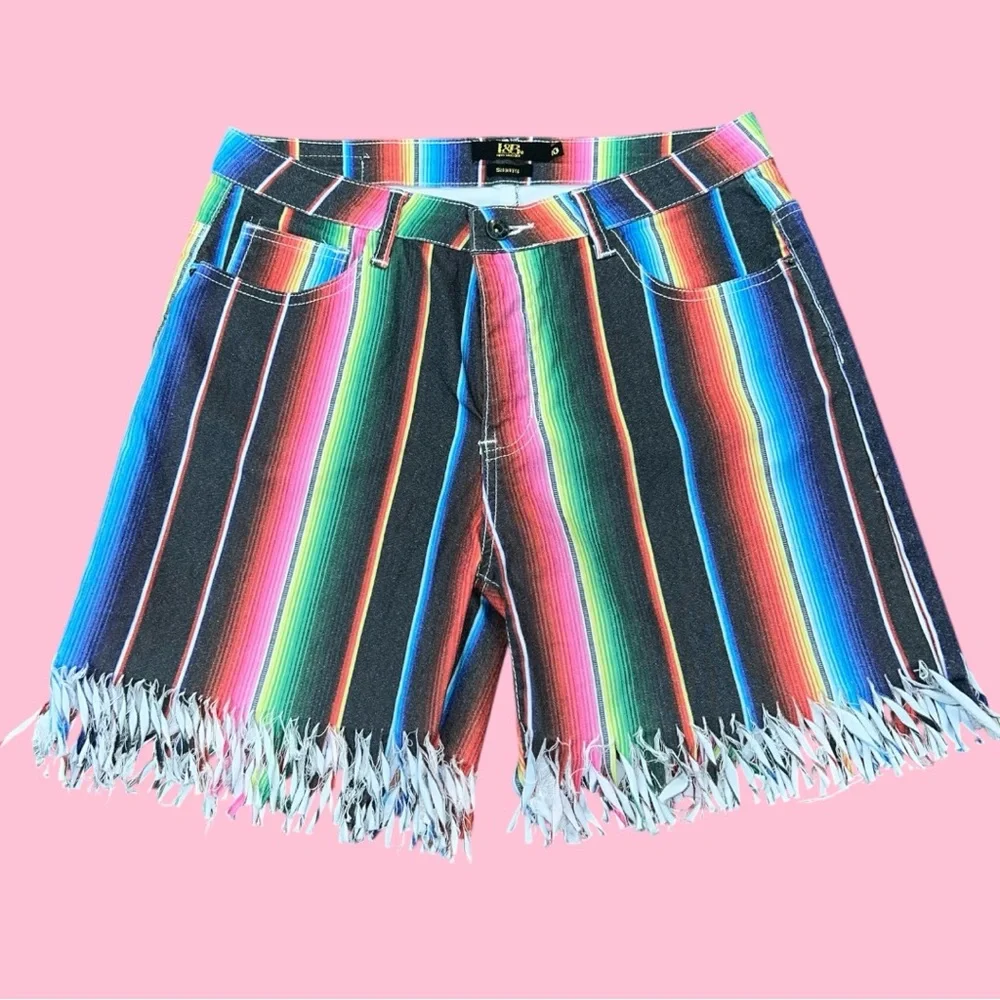 Lucky & Blessed Serape Jean Shorts Frayed / Fringe Hem - Picture 1 of 5